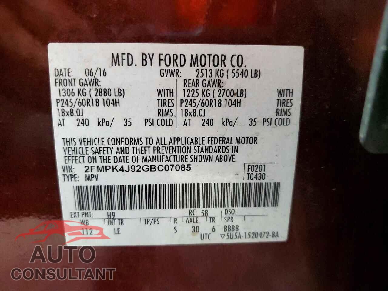 FORD EDGE 2016 - 2FMPK4J92GBC07085