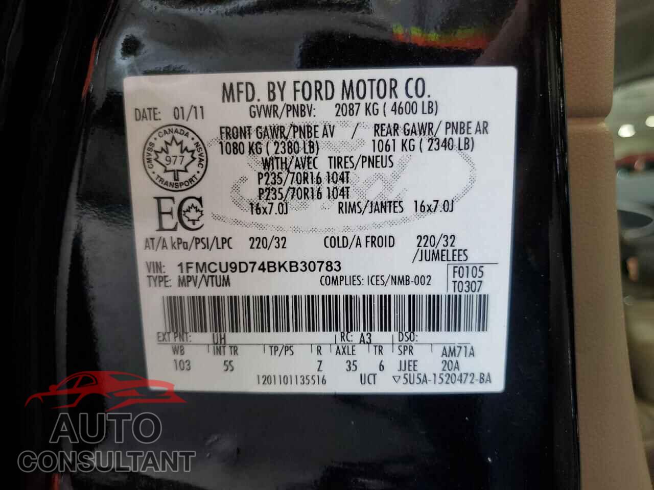 FORD ESCAPE 2011 - 1FMCU9D74BKB30783