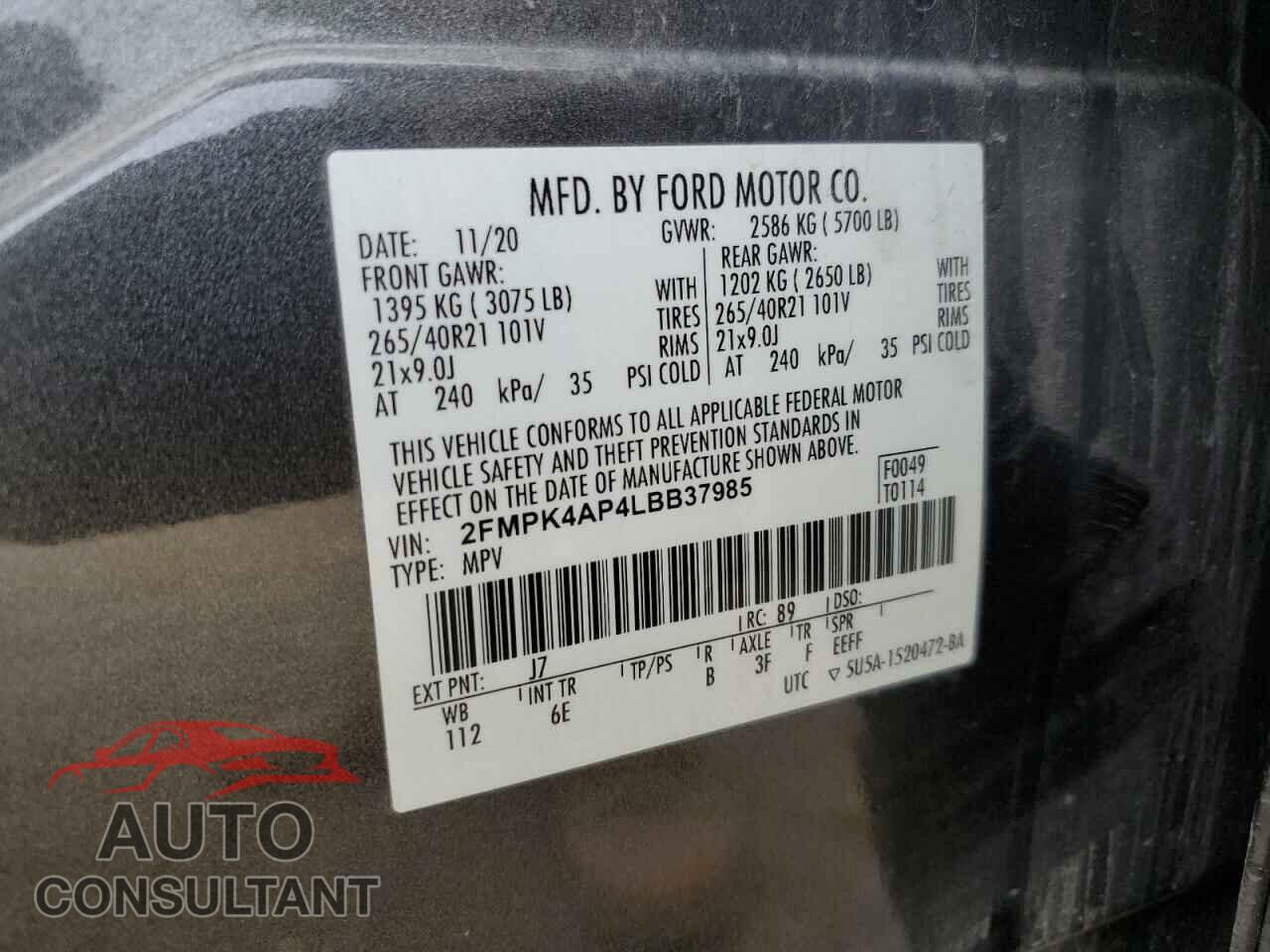 FORD EDGE 2020 - 2FMPK4AP4LBB37985