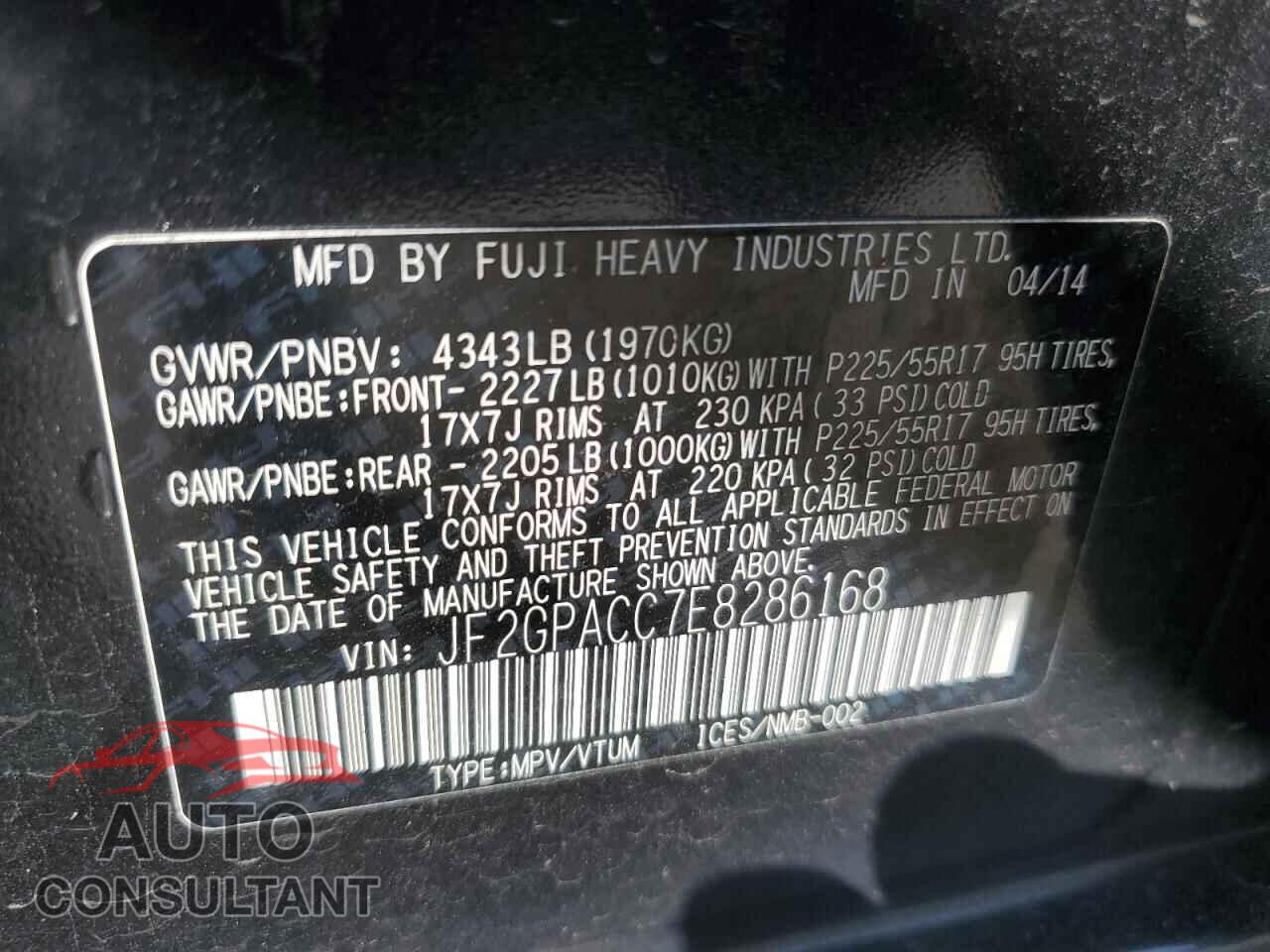 SUBARU XV 2014 - JF2GPACC7E8286168
