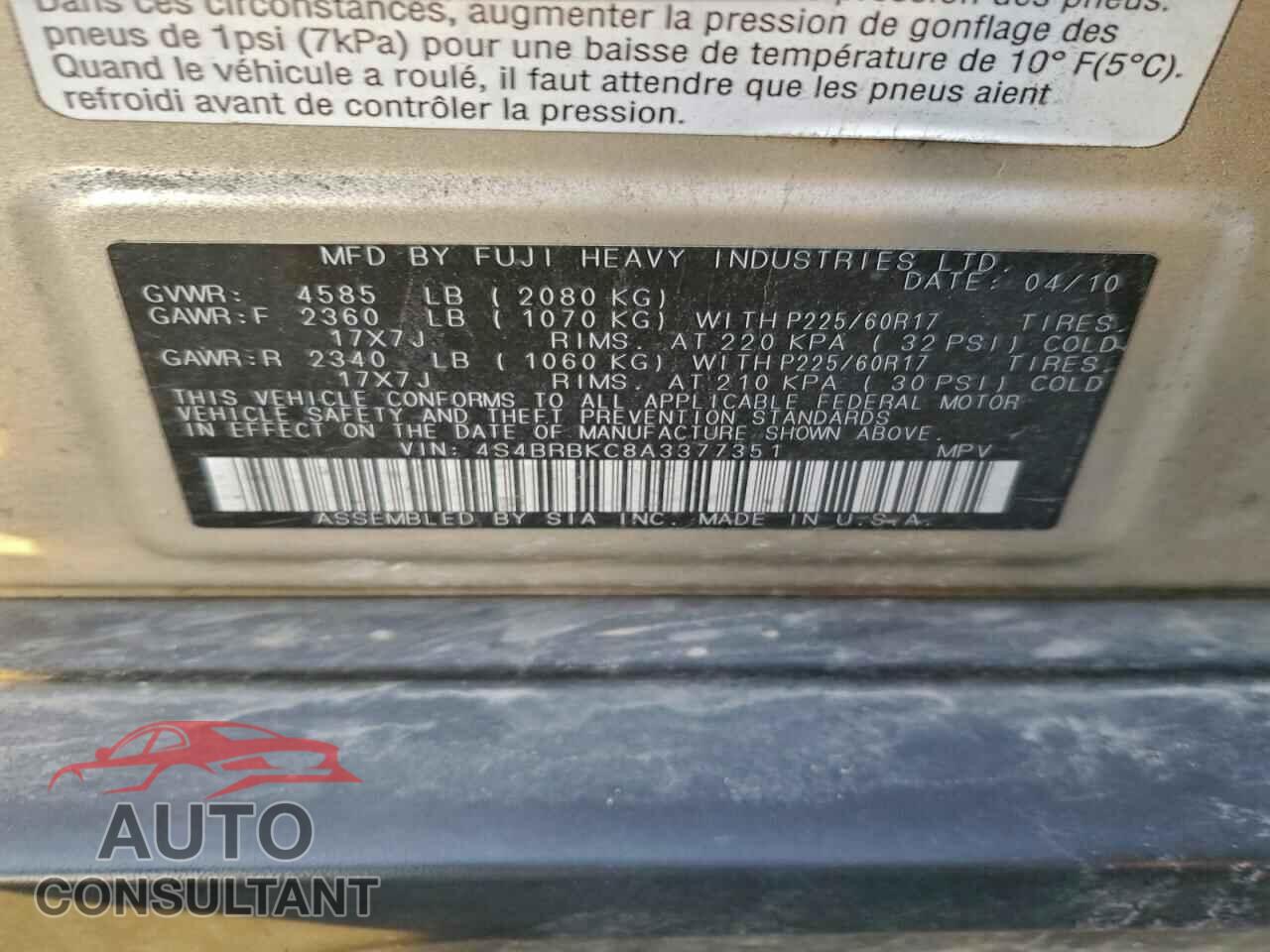 SUBARU OUTBACK 2010 - 4S4BRBKC8A3377351