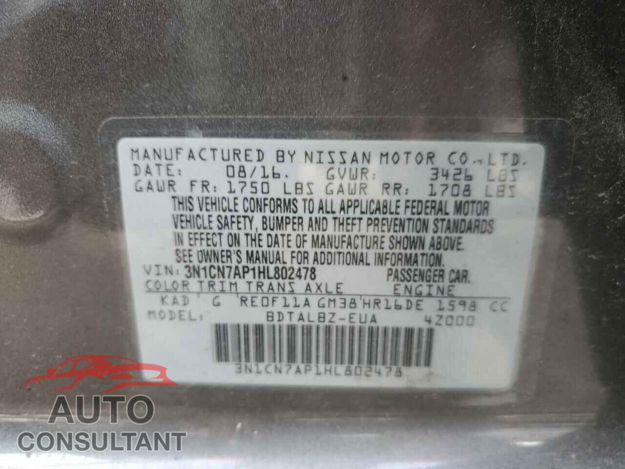 NISSAN VERSA 2017 - 3N1CN7AP1HL802478