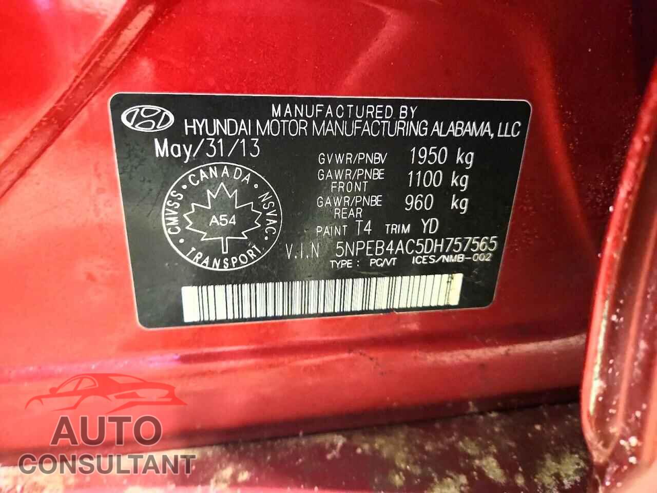 HYUNDAI SONATA 2013 - 5NPEB4AC5DH757565