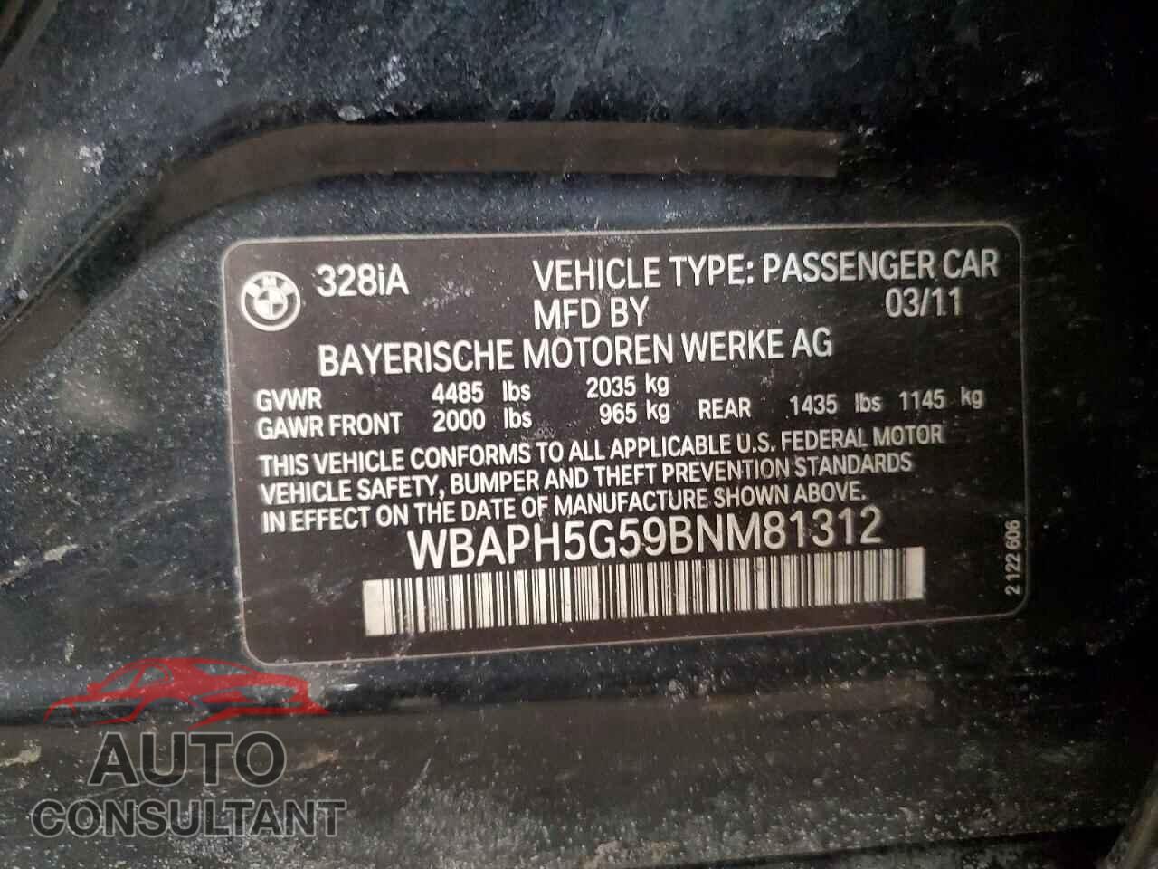 BMW 3 SERIES 2011 - WBAPH5G59BNM81312