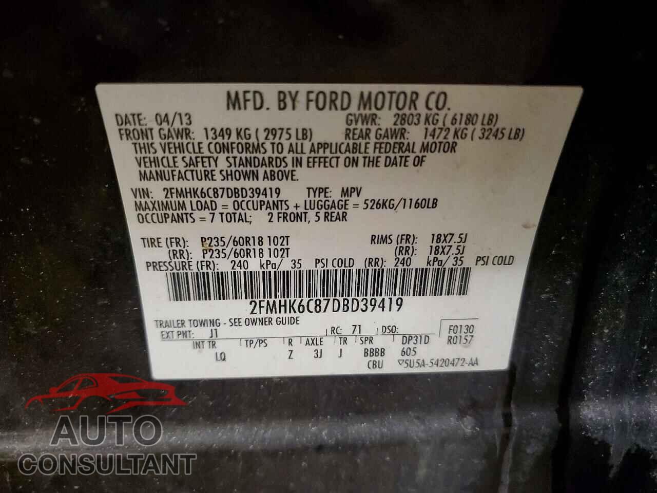 FORD FLEX 2013 - 2FMHK6C87DBD39419