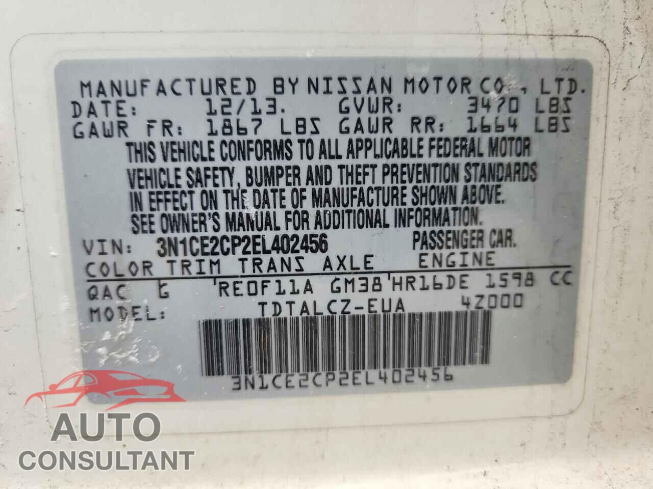NISSAN VERSA NOTE 2014 - 3N1CE2CP2EL402456