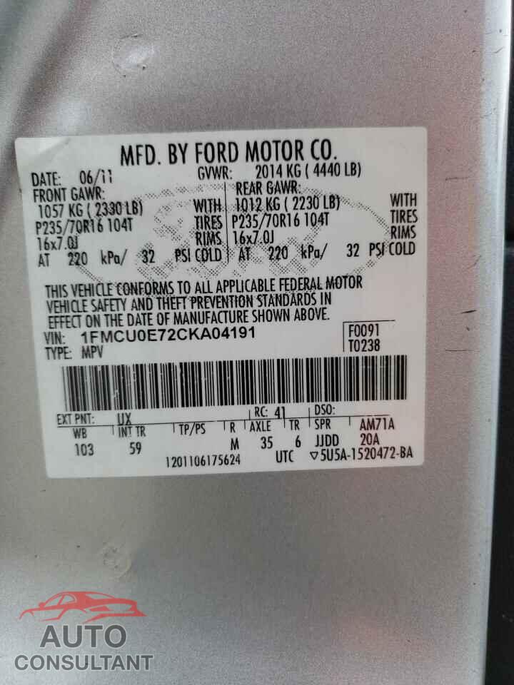 FORD ESCAPE 2012 - 1FMCU0E72CKA04191