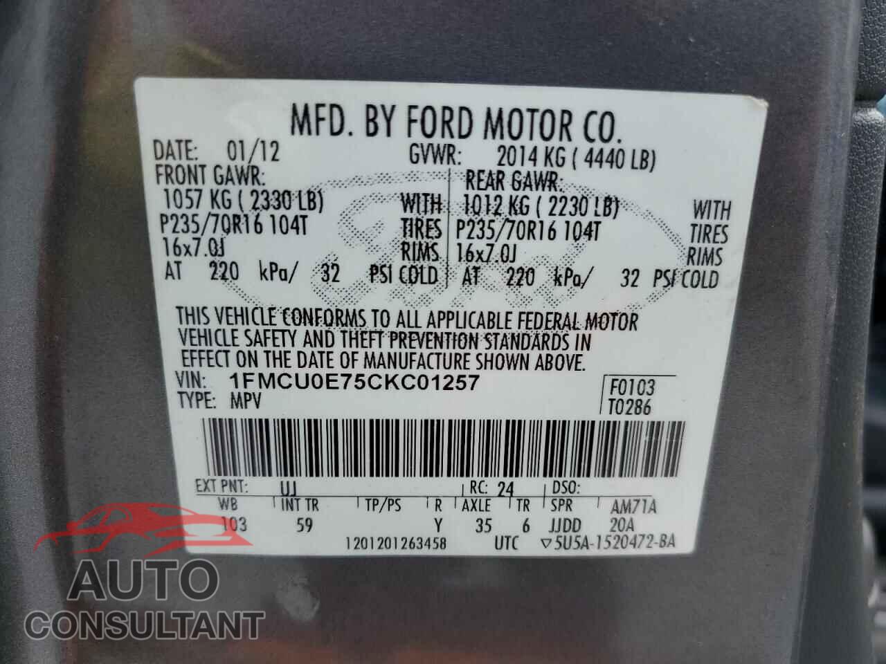 FORD ESCAPE 2012 - 1FMCU0E75CKC01257