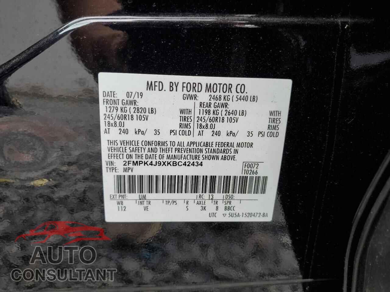 FORD EDGE 2019 - 2FMPK4J9XKBC42434