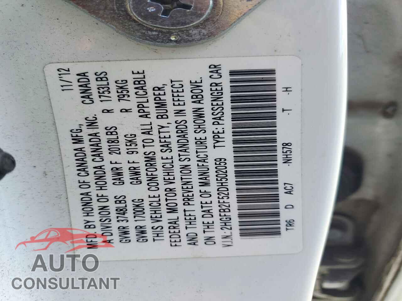 HONDA CIVIC 2013 - 2HGFB2F52DH502059