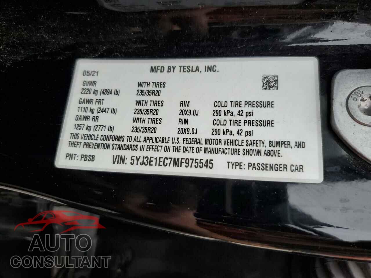 TESLA MODEL 3 2021 - 5YJ3E1EC7MF975545