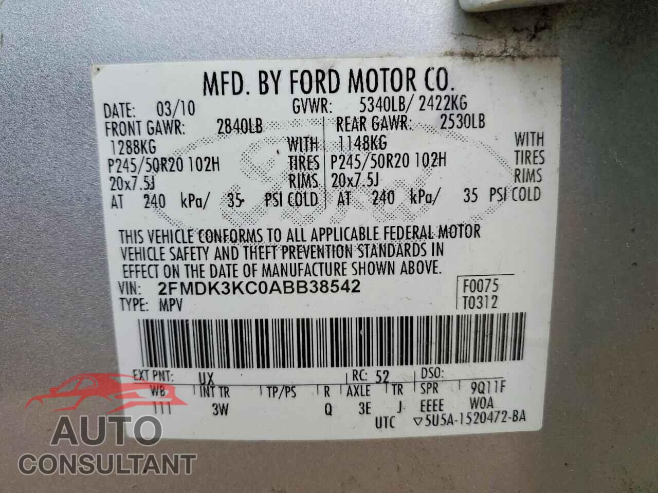 FORD EDGE 2010 - 2FMDK3KC0ABB38542