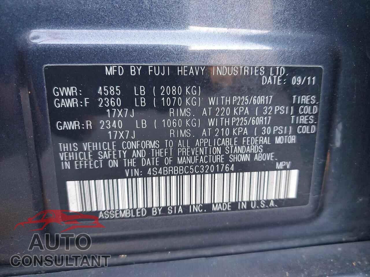 SUBARU OUTBACK 2012 - 4S4BRBBC5C3201764