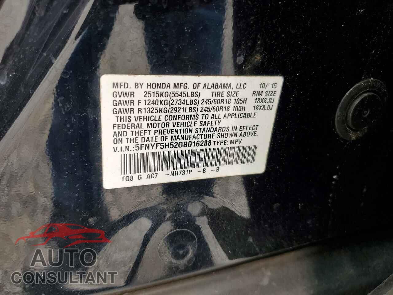 HONDA PILOT 2016 - 5FNYF5H52GB016288