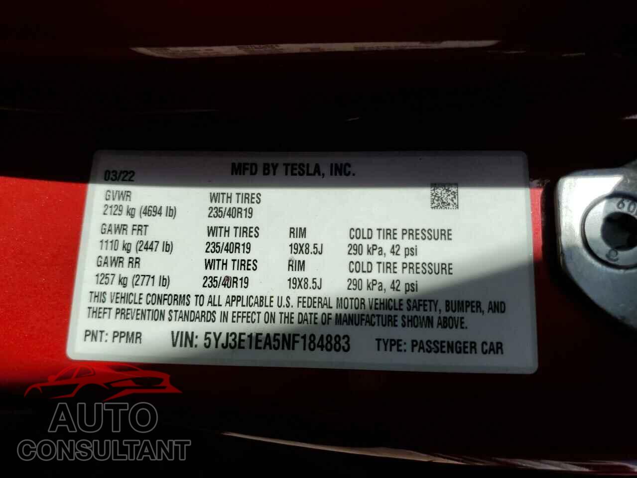 TESLA MODEL 3 2022 - 5YJ3E1EA5NF184883