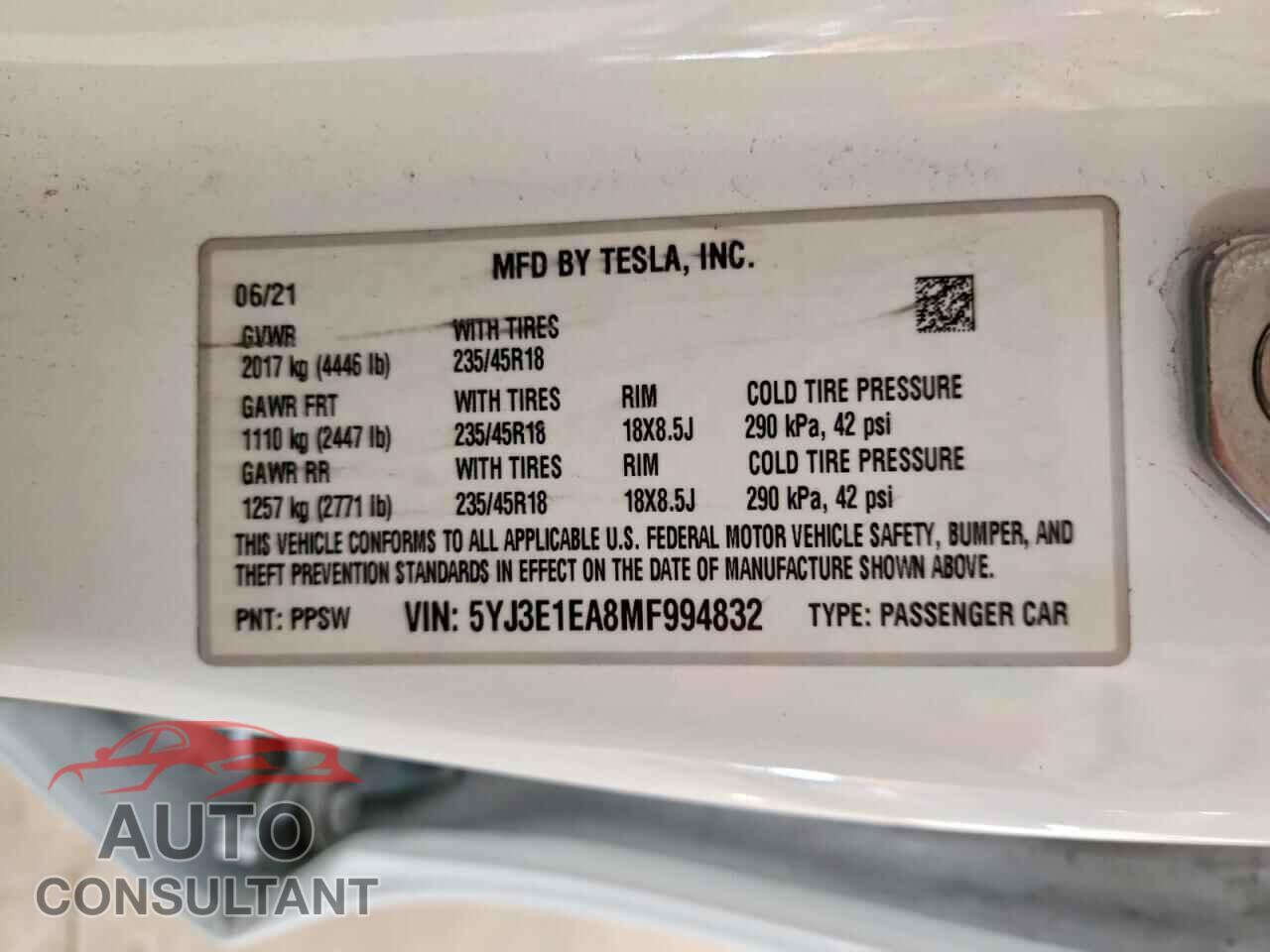 TESLA MODEL 3 2021 - 5YJ3E1EA8MF994832