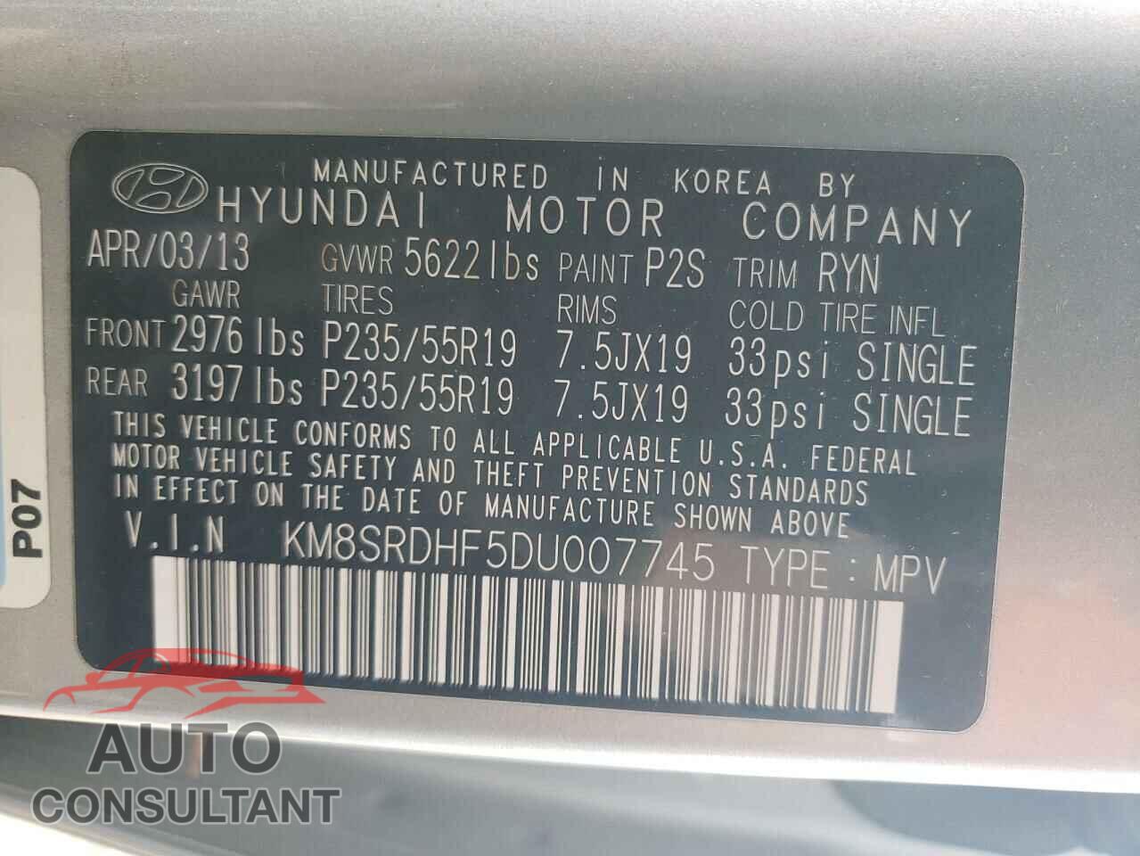 HYUNDAI SANTA FE 2013 - KM8SRDHF5DU007745