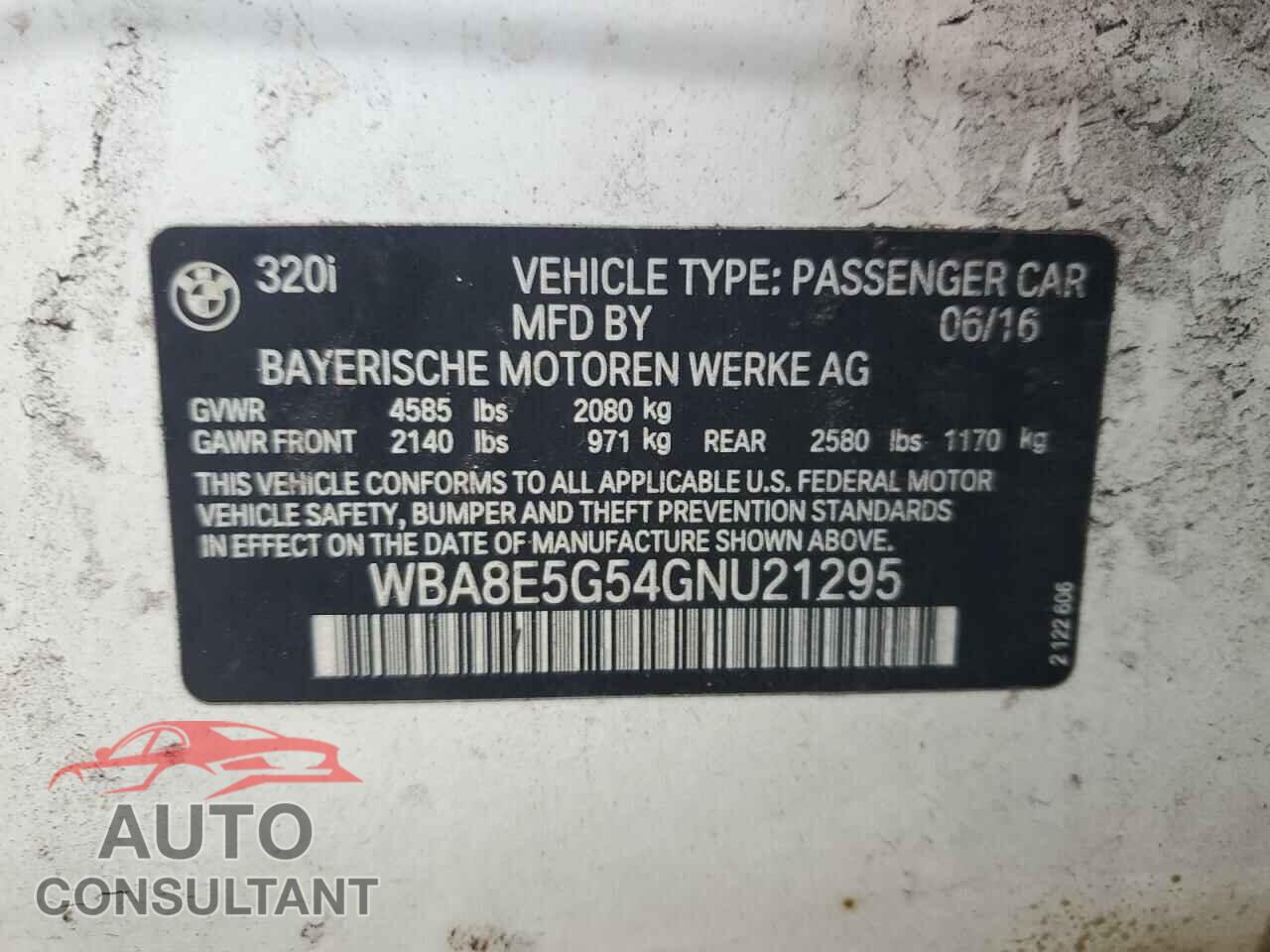 BMW 3 SERIES 2016 - WBA8E5G54GNU21295