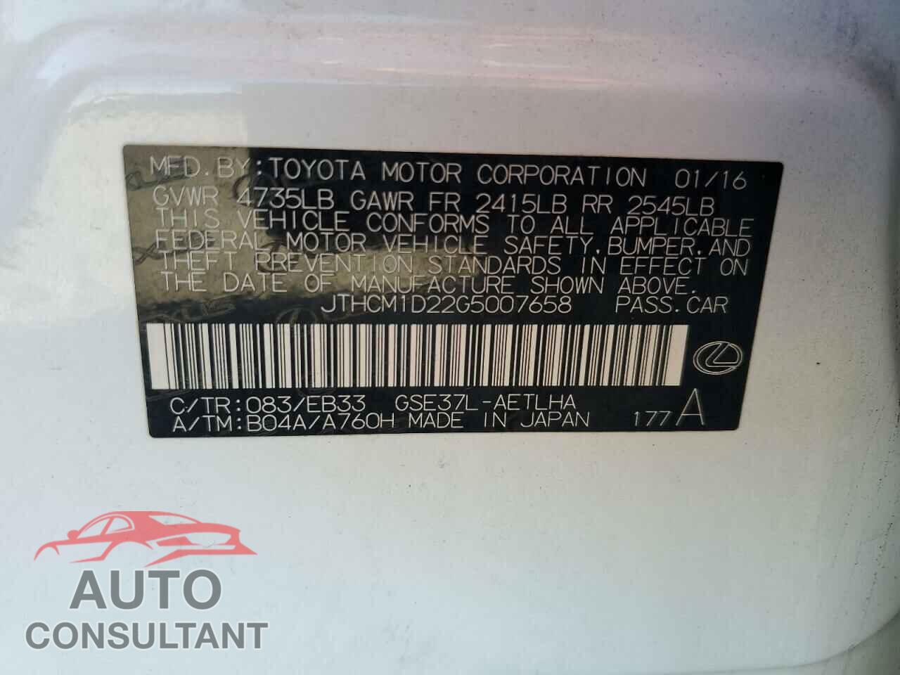 LEXUS IS 2016 - JTHCM1D22G5007658