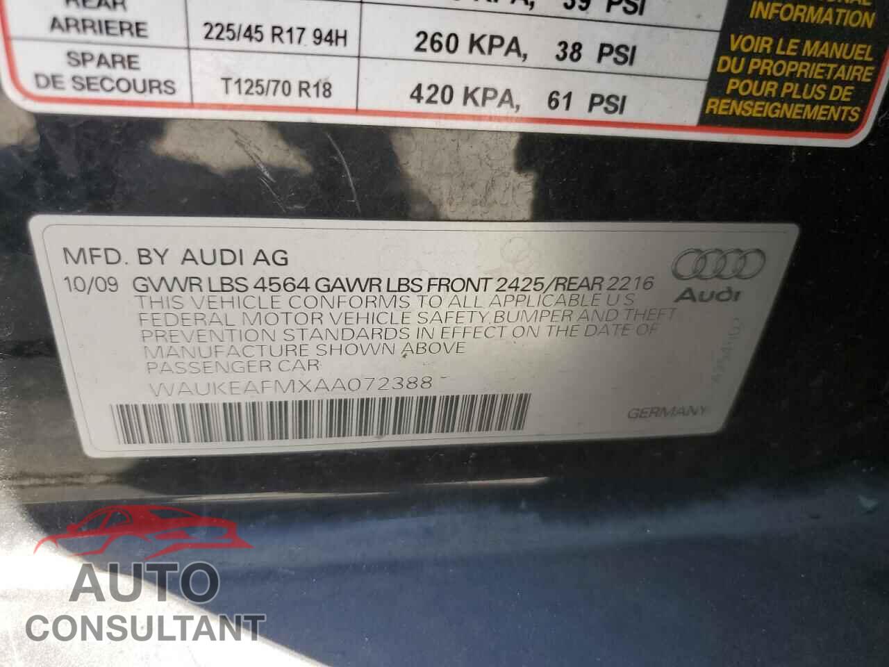 AUDI A3 2010 - WAUKEAFMXAA072388