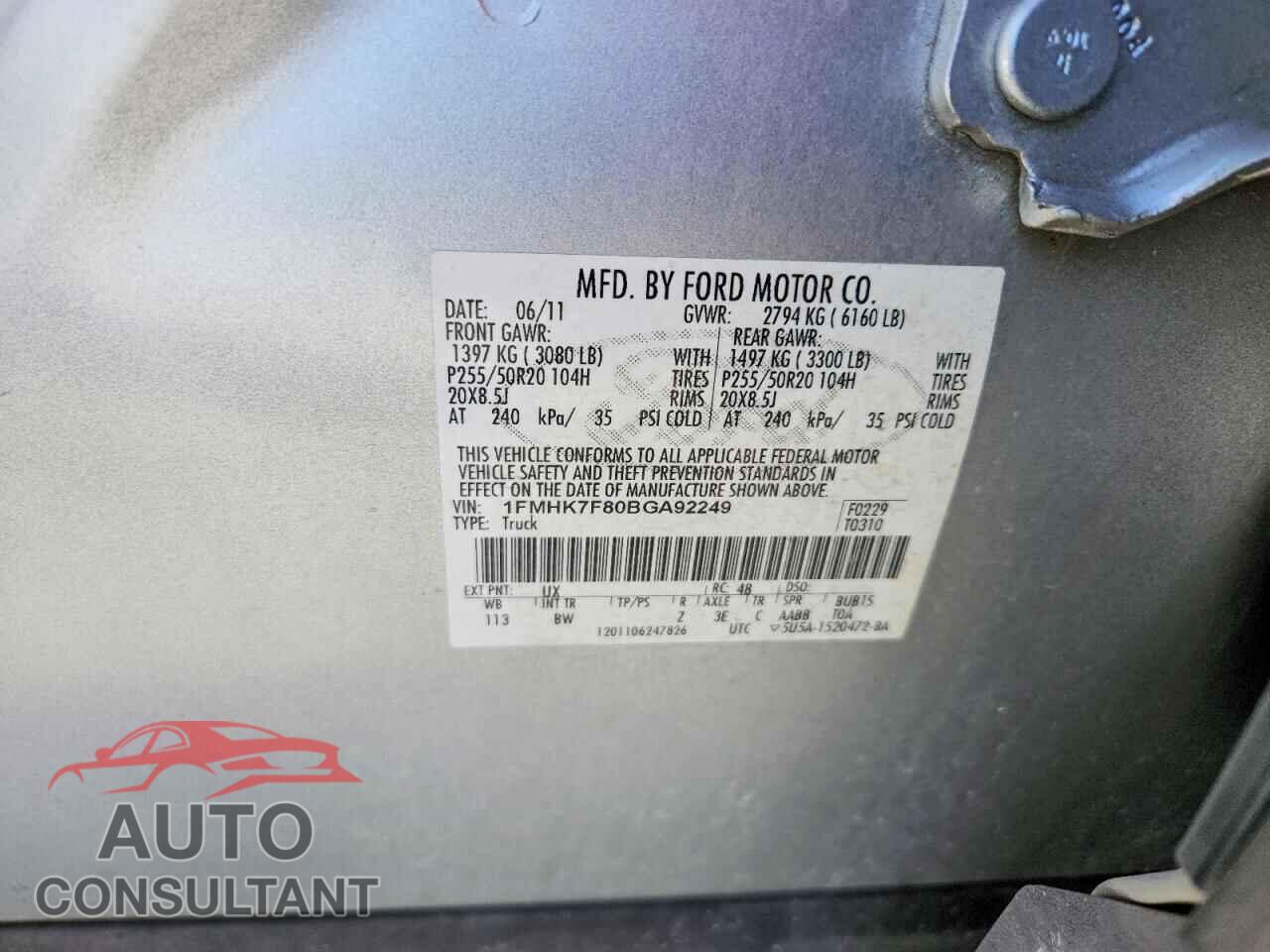 FORD EXPLORER 2011 - 1FMHK7F80BGA92249