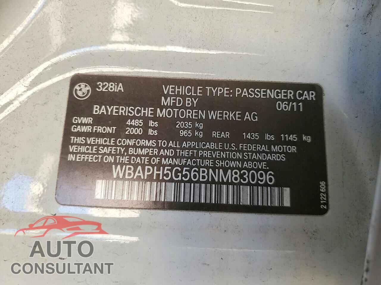 BMW 3 SERIES 2011 - WBAPH5G56BNM83096