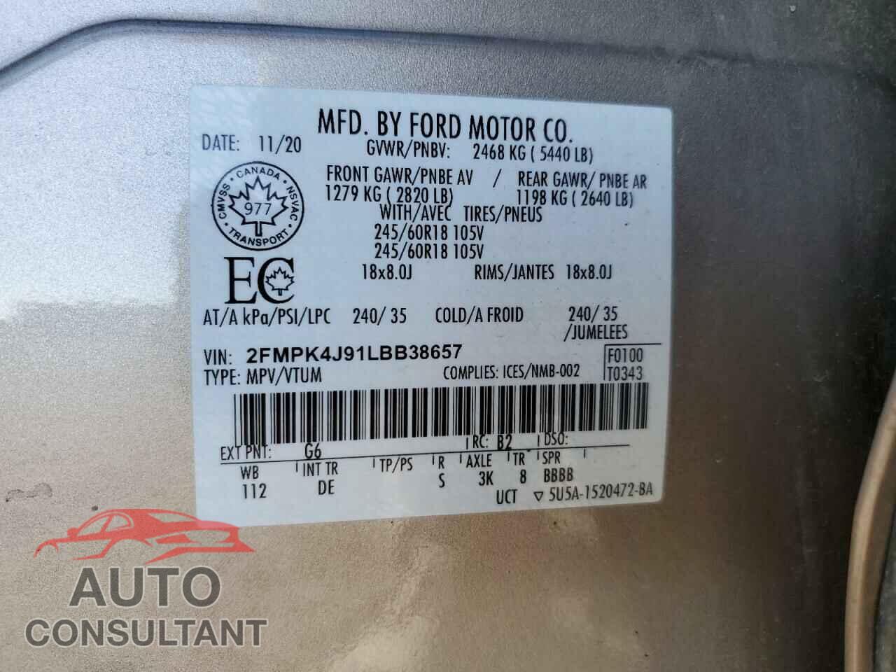 FORD EDGE 2020 - 2FMPK4J91LBB38657