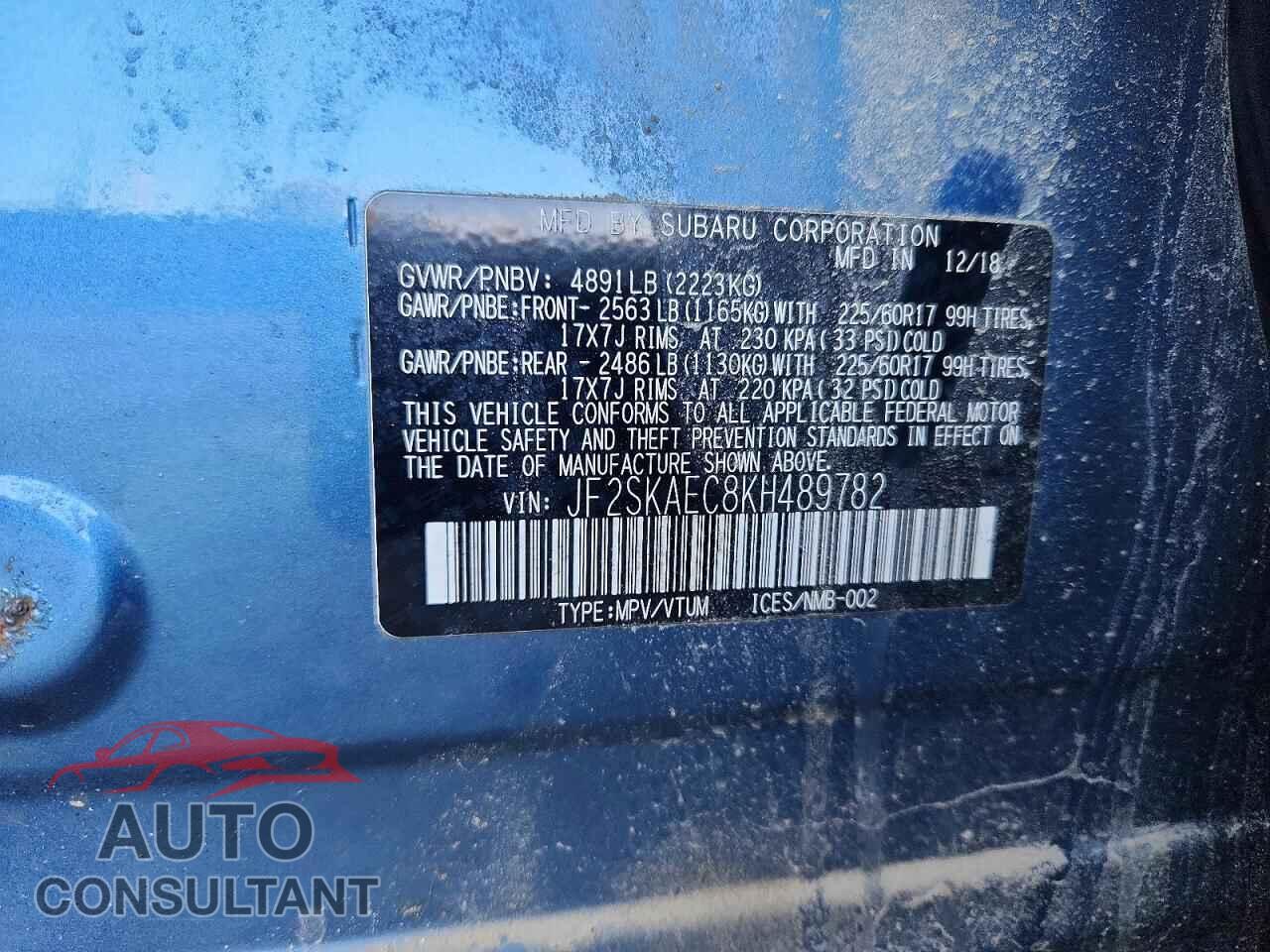 SUBARU FORESTER 2019 - JF2SKAEC8KH489782