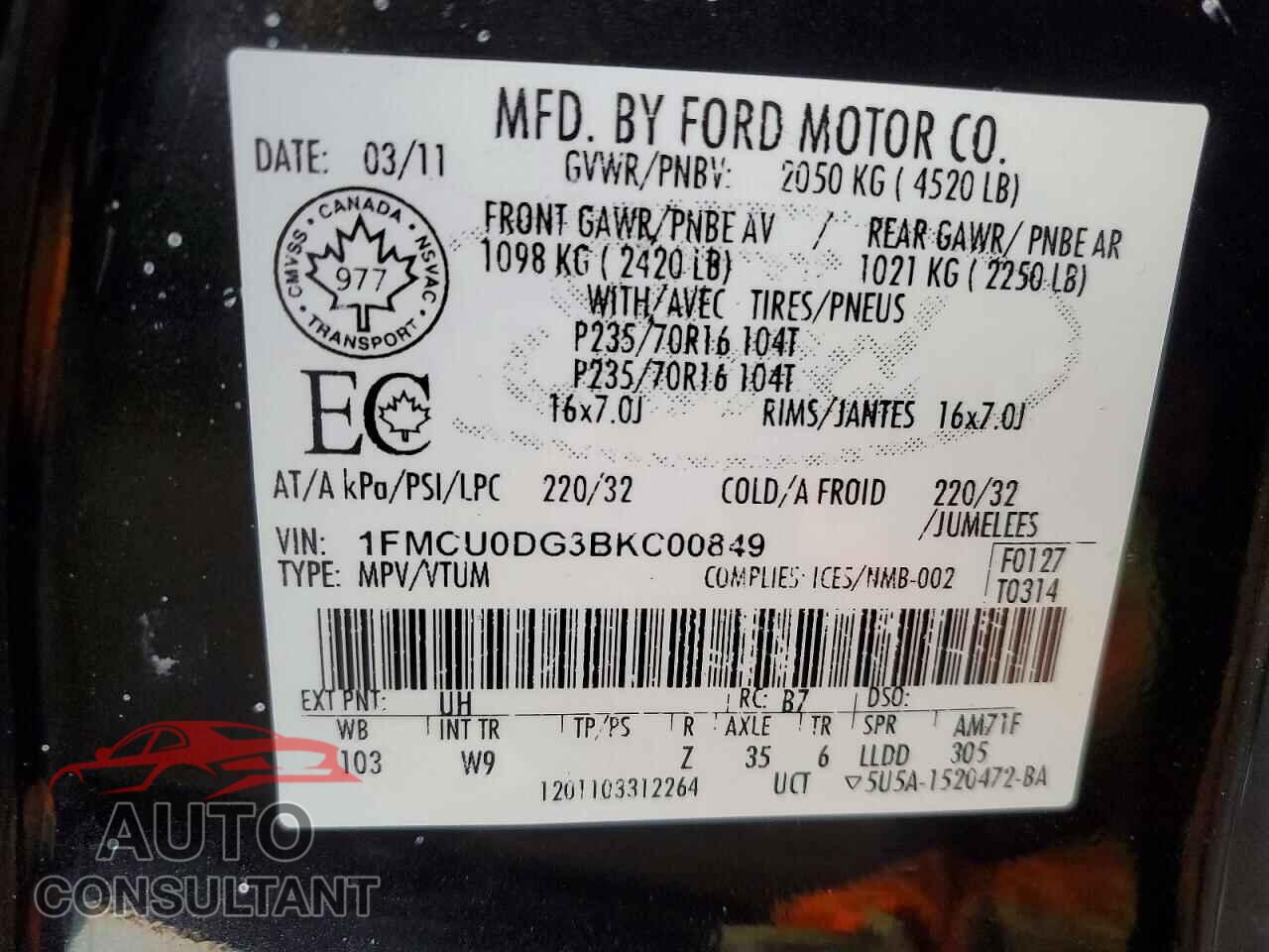 FORD ESCAPE 2011 - 1FMCU0DG3BKC00849