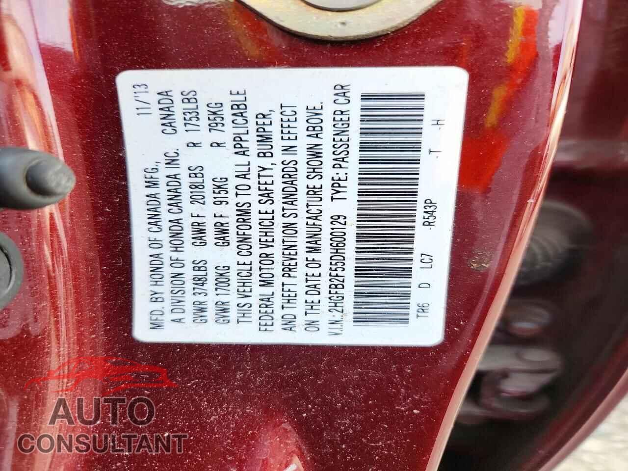 HONDA CIVIC 2013 - 2HGFB2F55DH600129