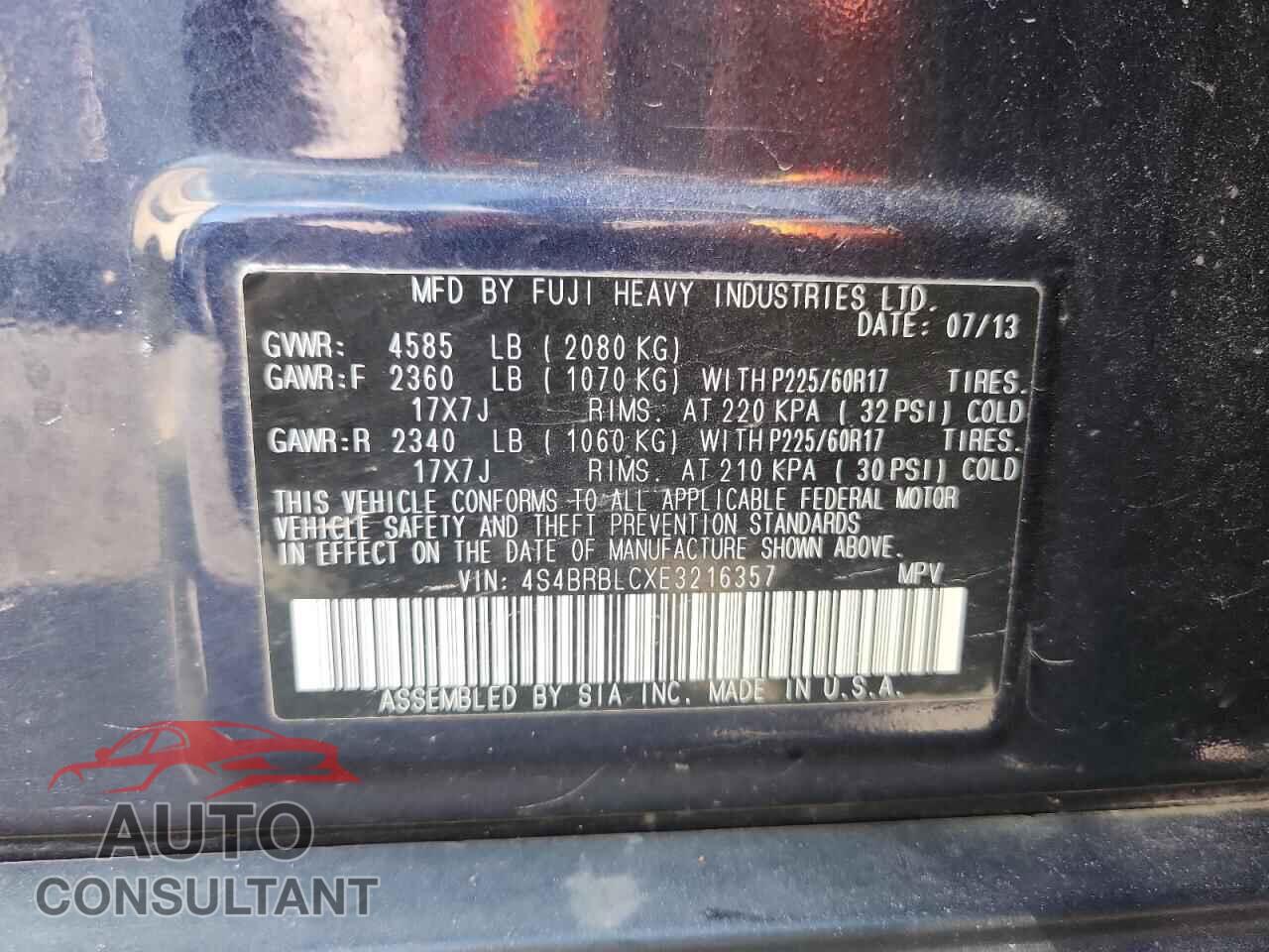 SUBARU OUTBACK 2014 - 4S4BRBLCXE3216357