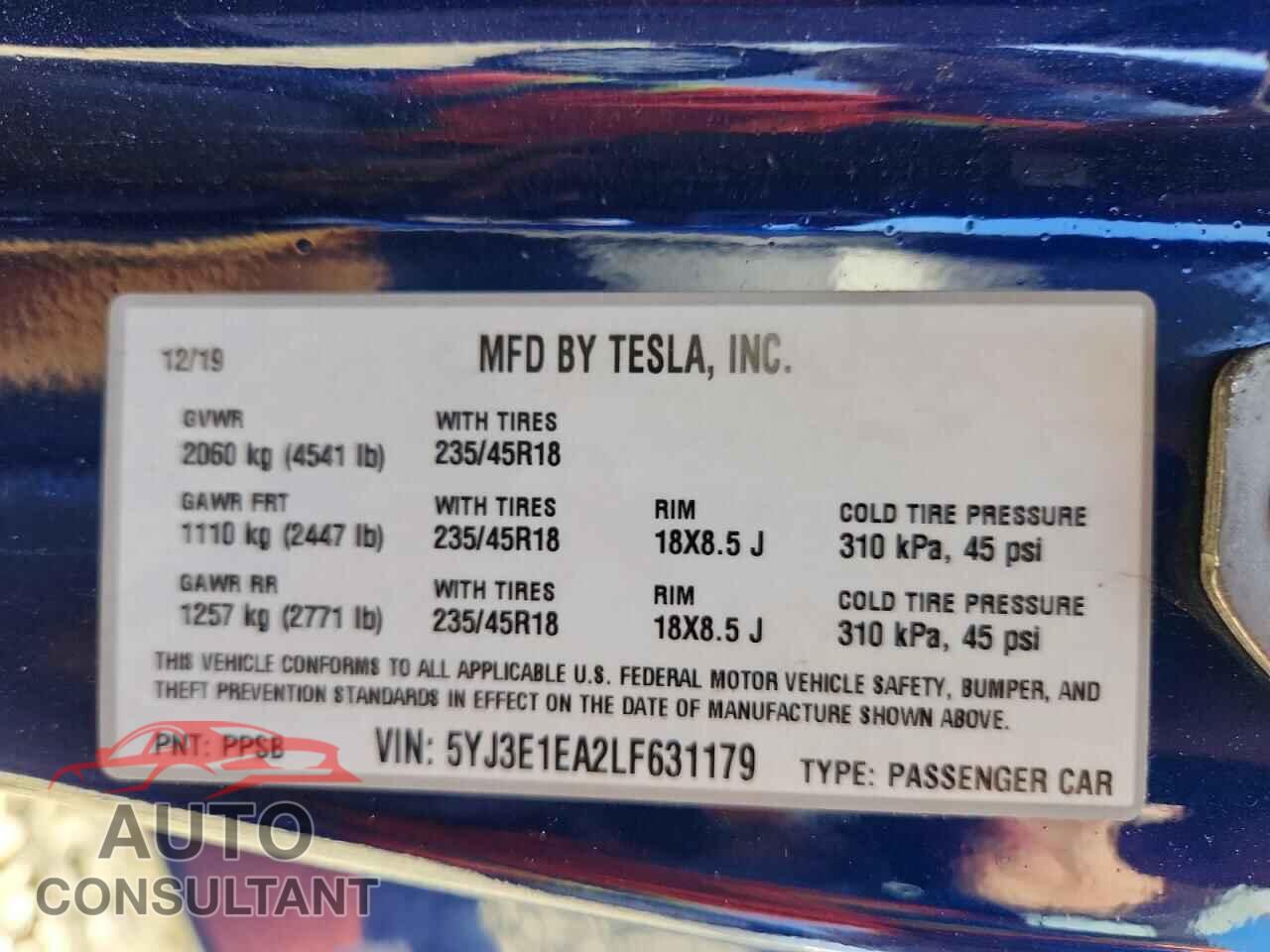 TESLA MODEL 3 2020 - 5YJ3E1EA2LF631179