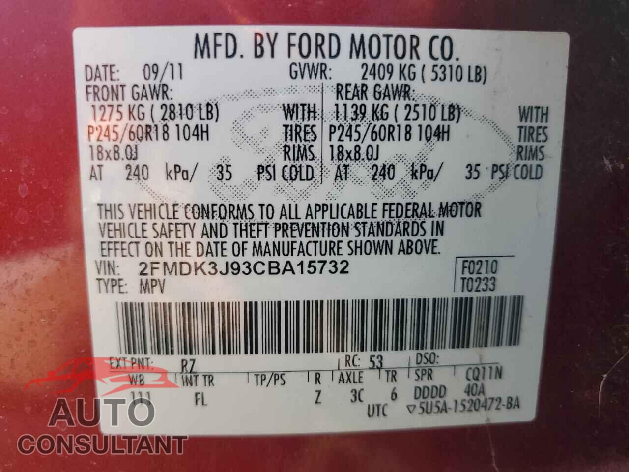 FORD EDGE 2012 - 2FMDK3J93CBA15732