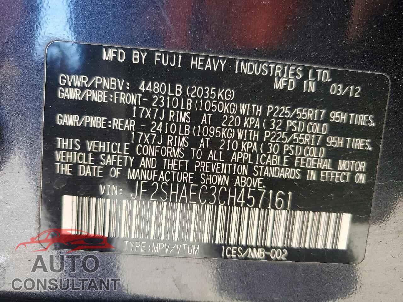 SUBARU FORESTER 2012 - JF2SHAEC3CH457161