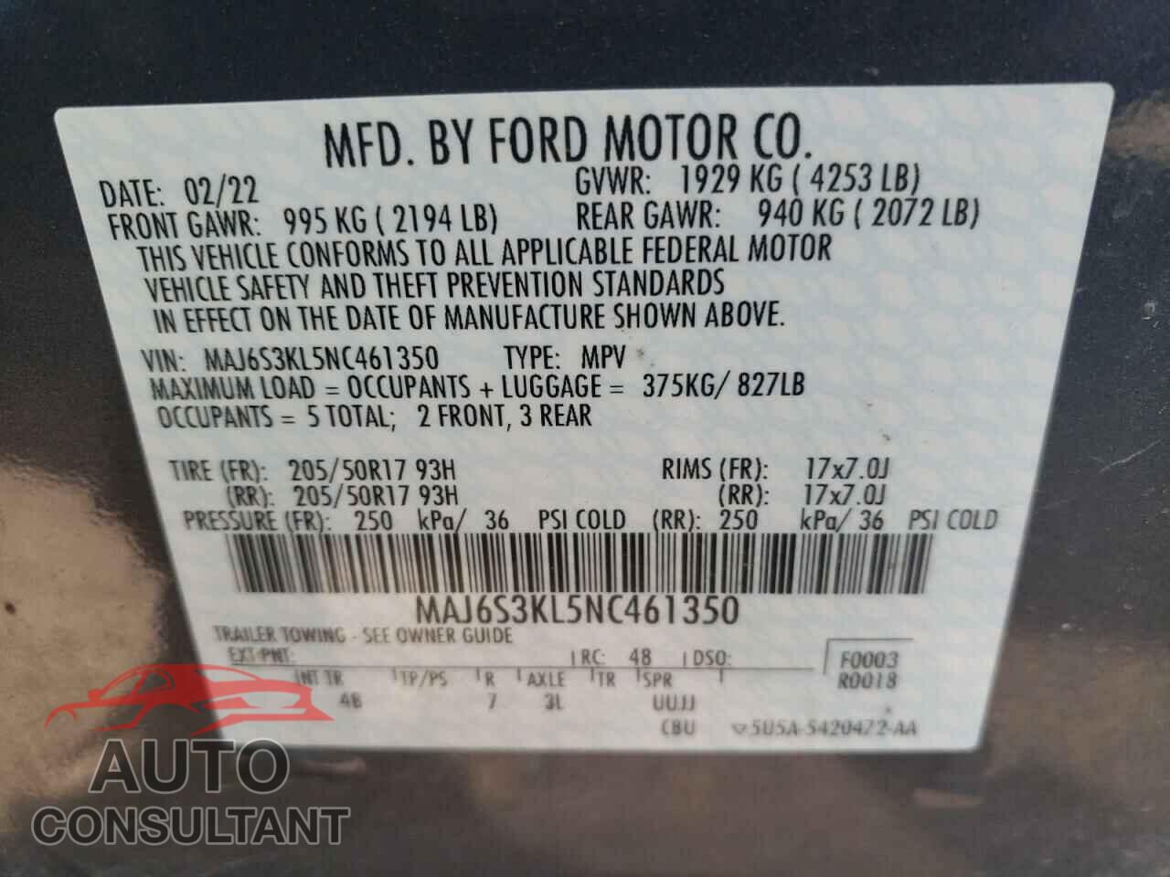 FORD ECOSPORT 2022 - MAJ6S3KL5NC461350