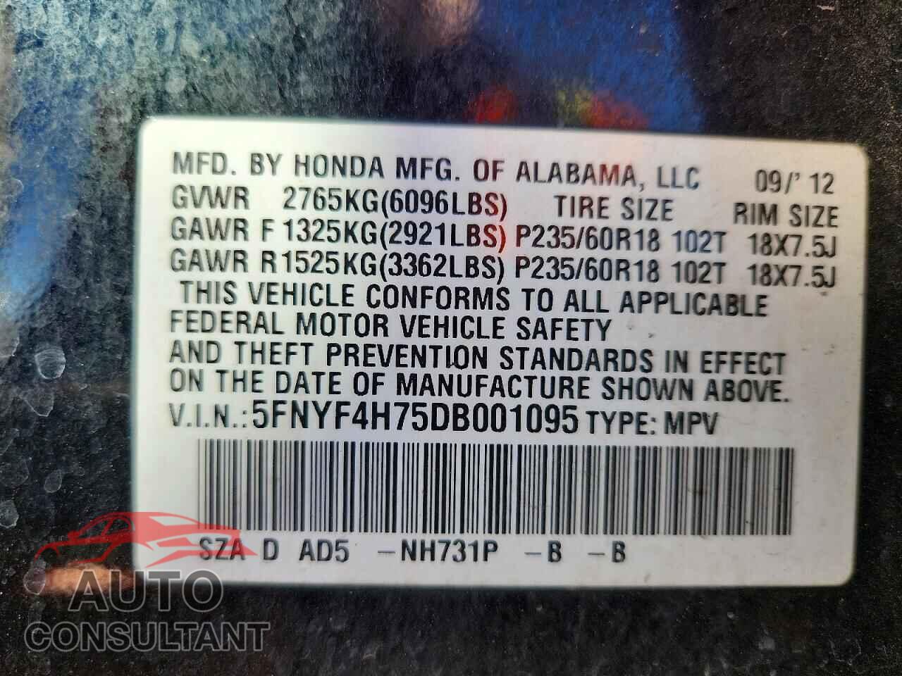 HONDA PILOT 2013 - 5FNYF4H75DB001095