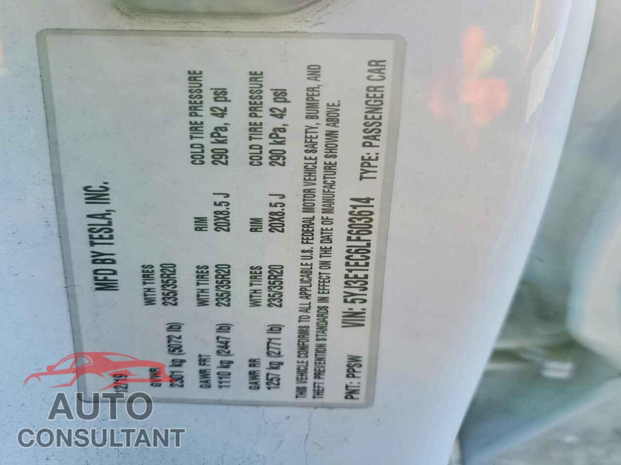 TESLA MODEL 3 2020 - 5YJ3E1EC6LF603614