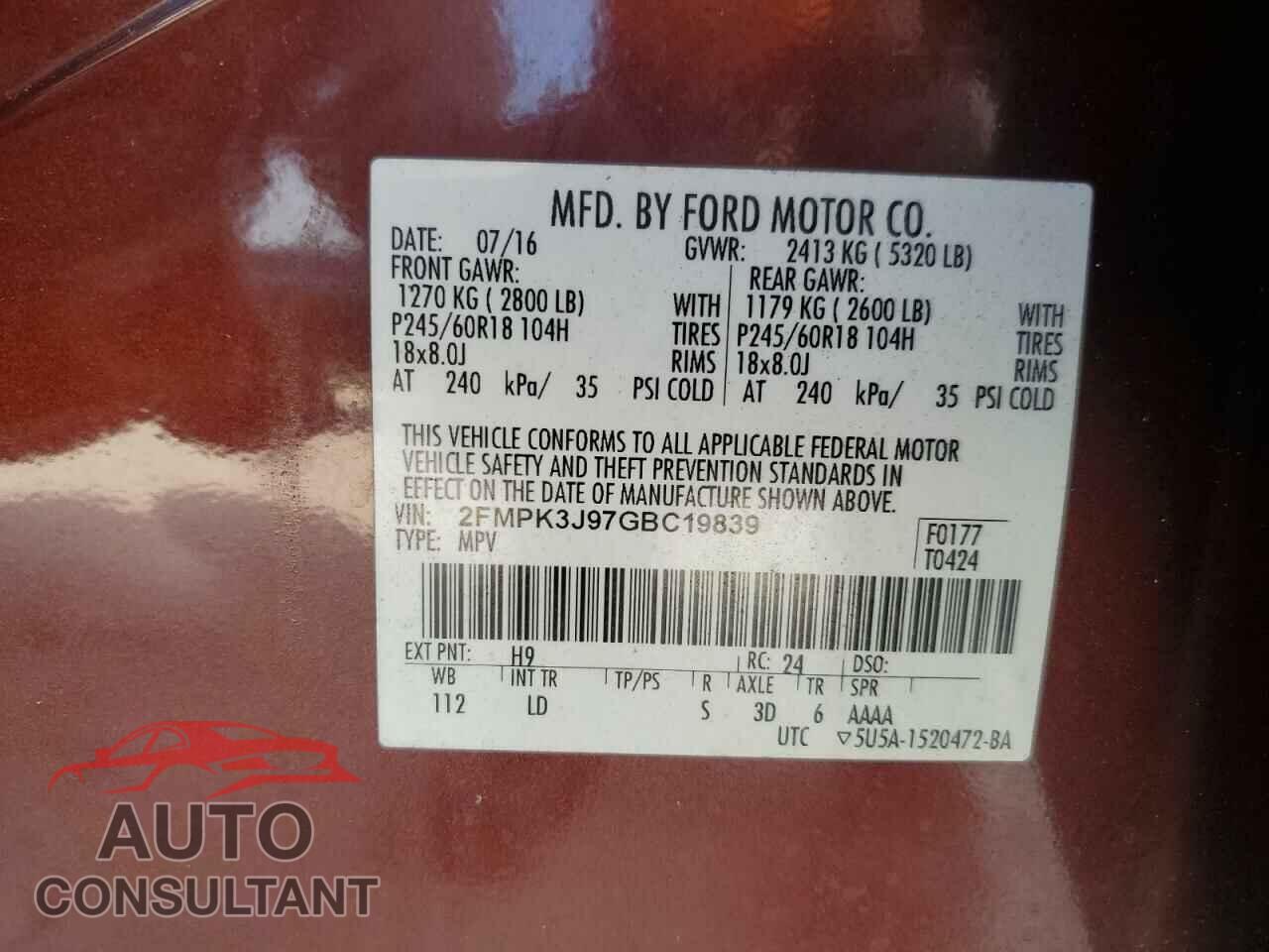 FORD EDGE 2016 - 2FMPK3J97GBC19839