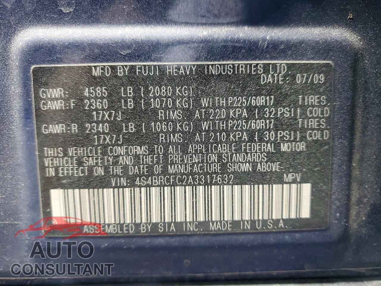 SUBARU OUTBACK 2010 - 4S4BRCFC2A3317632