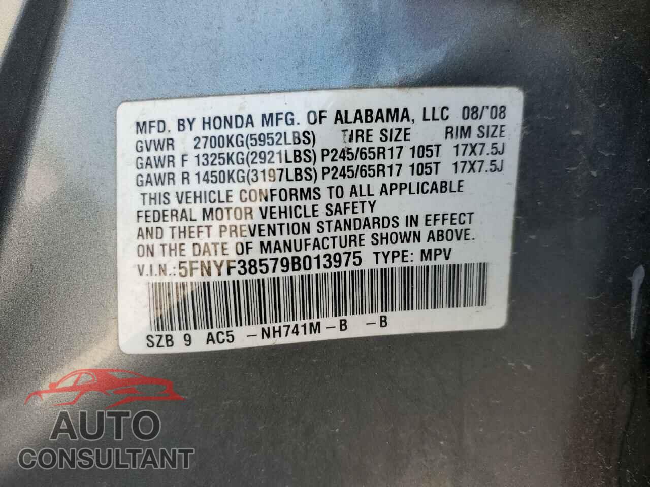 HONDA PILOT 2009 - 5FNYF38579B013975
