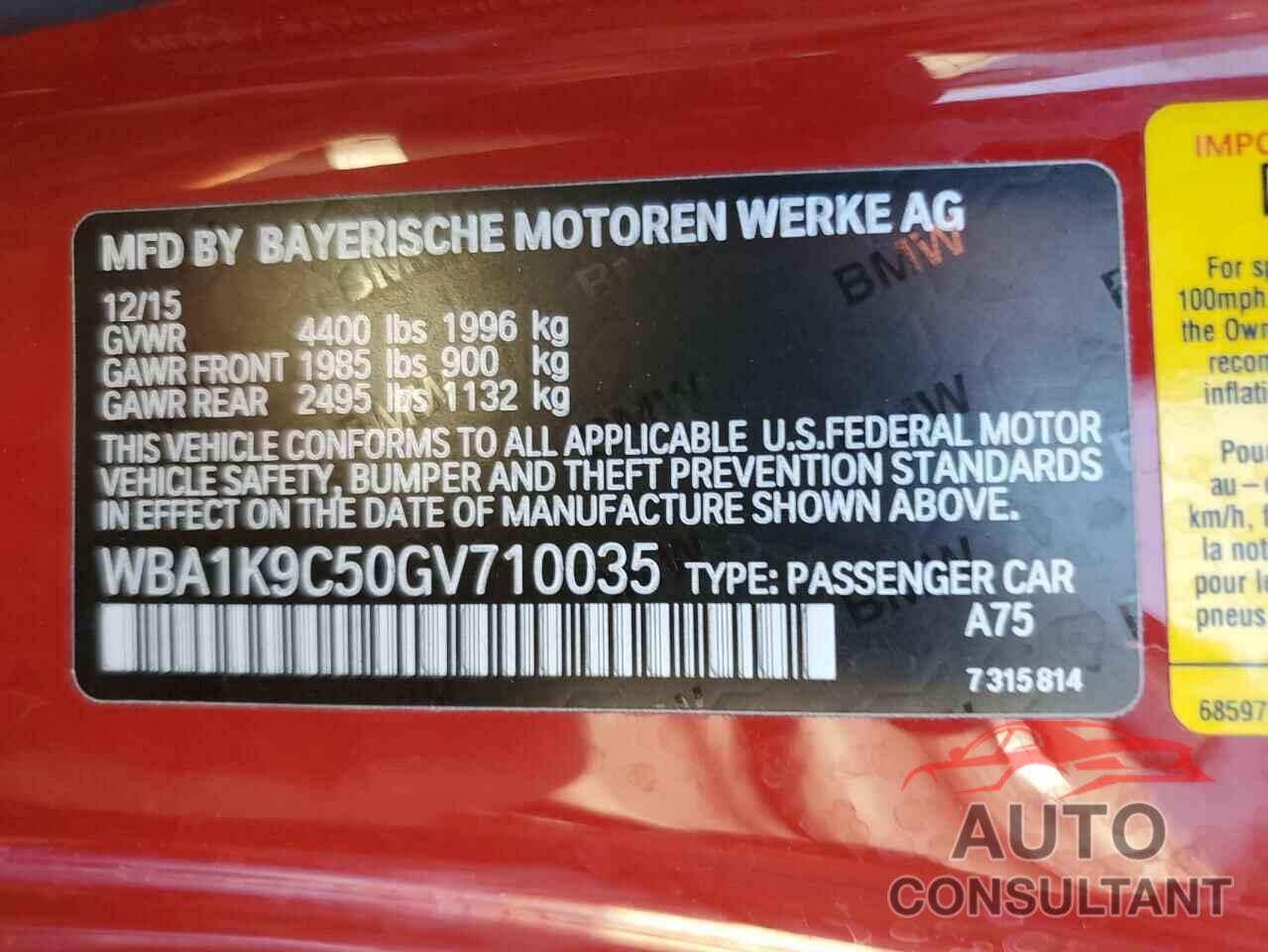 BMW 2 SERIES 2016 - WBA1K9C50GV710035