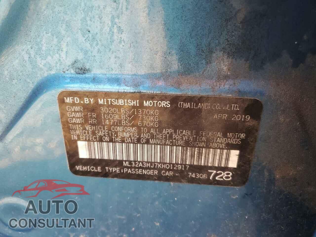 MITSUBISHI MIRAGE 2019 - ML32A3HJ7KH012917