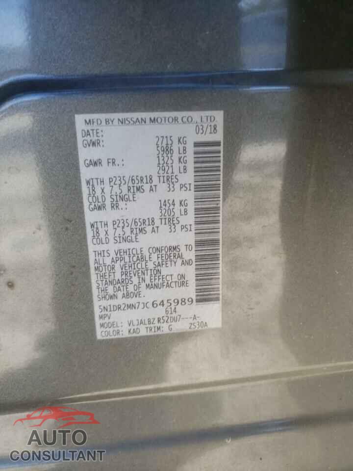 NISSAN PATHFINDER 2018 - 5N1DR2MN7JC645989