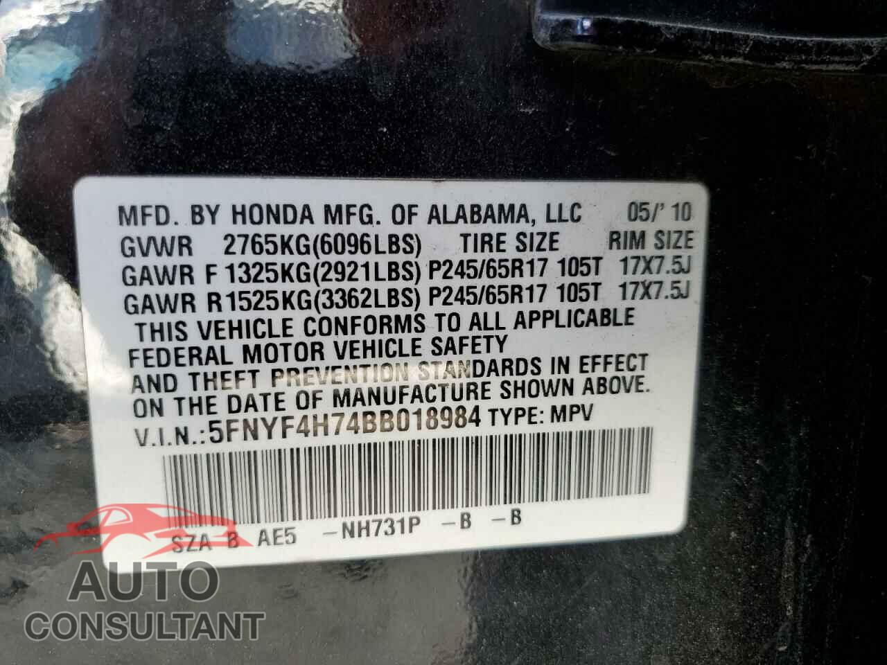 HONDA PILOT 2011 - 5FNYF4H74BB018984