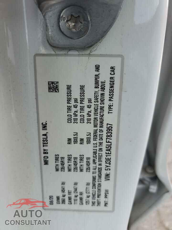 TESLA MODEL 3 2020 - 5YJ3E1EA5LF783957