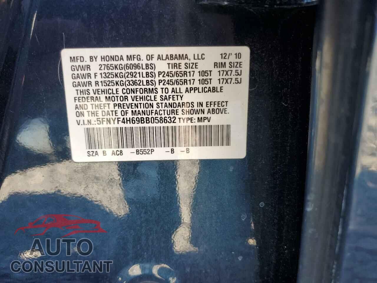 HONDA PILOT 2011 - 5FNYF4H69BB058632