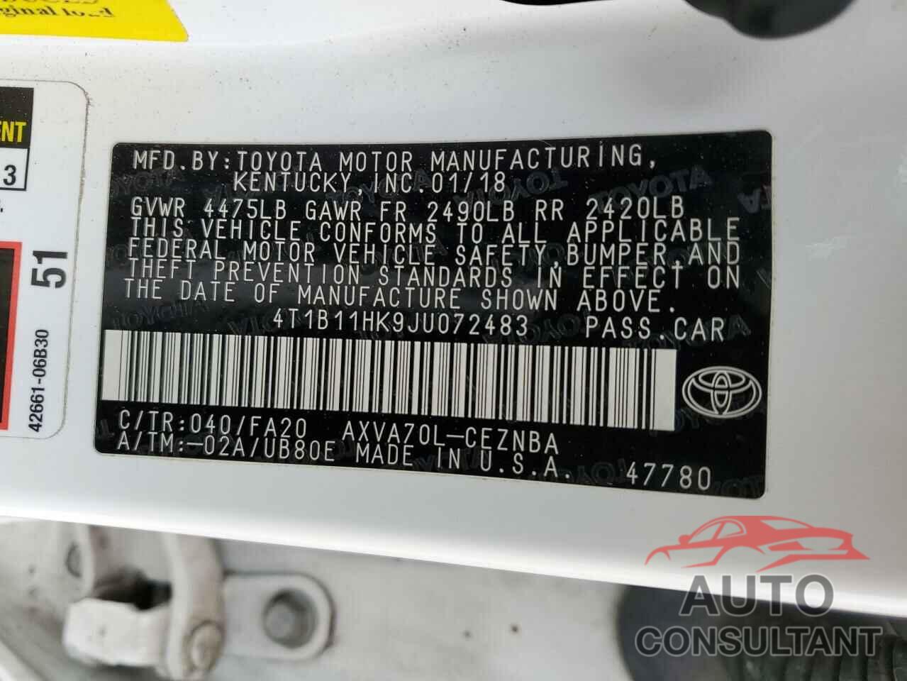 TOYOTA CAMRY 2018 - 4T1B11HK9JU072483