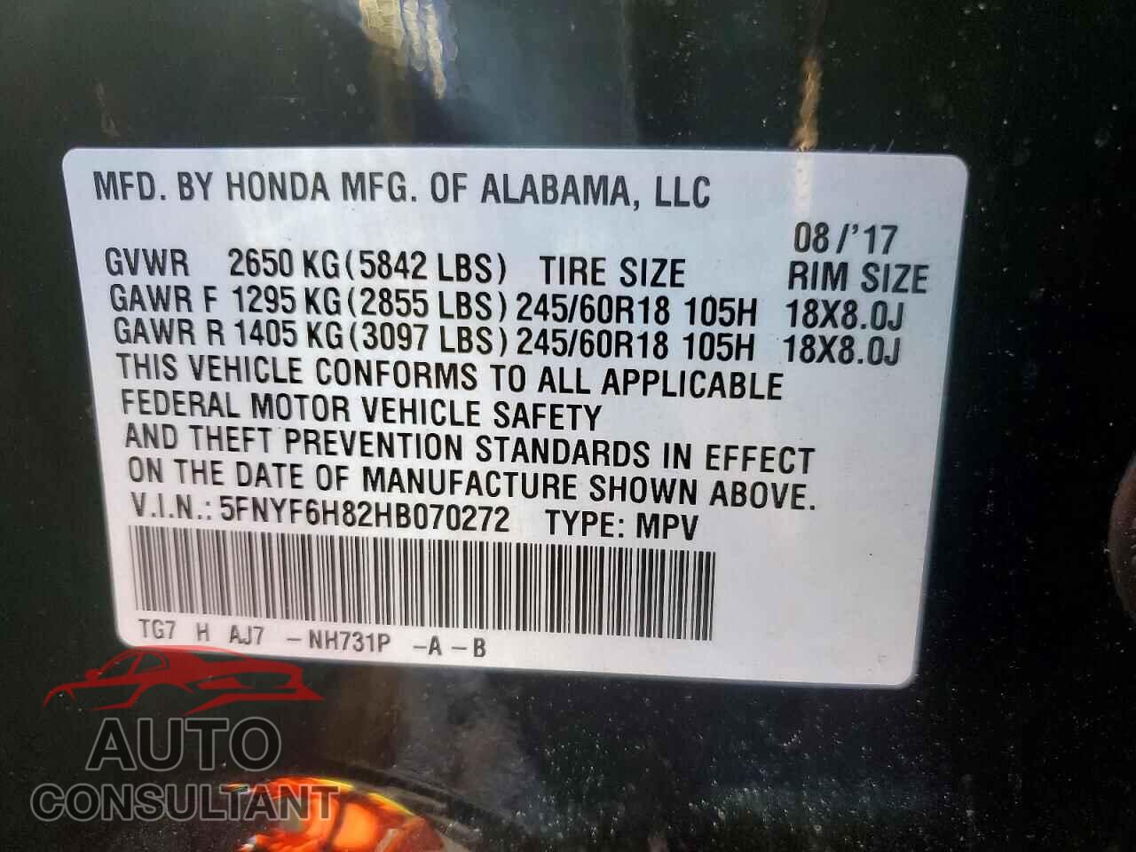 HONDA PILOT 2017 - 5FNYF6H82HB070272