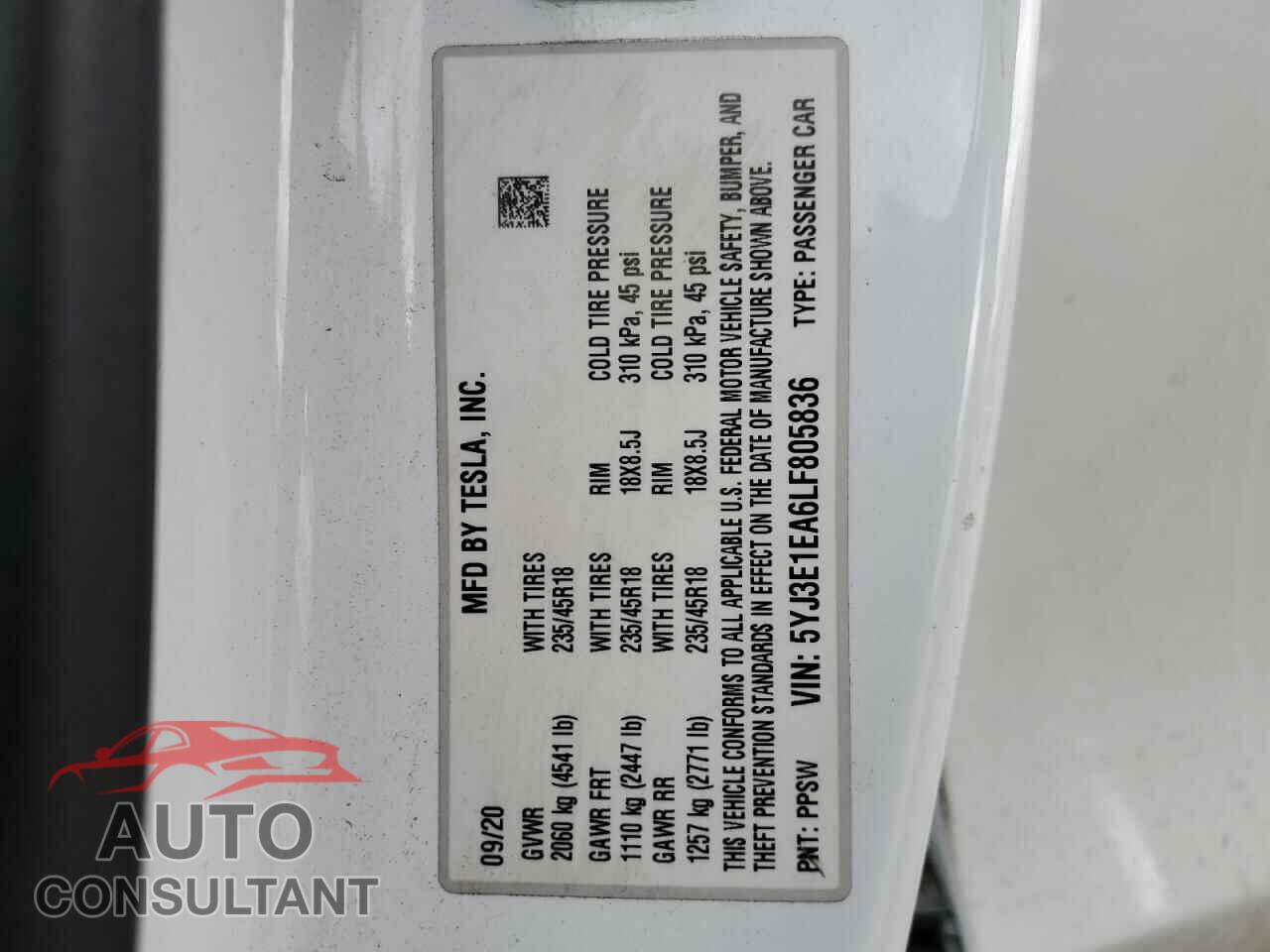 TESLA MODEL 3 2020 - 5YJ3E1EA6LF805836