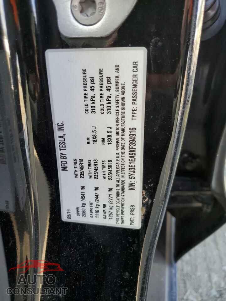 TESLA MODEL 3 2019 - 5YJ3E1EA9KF394916